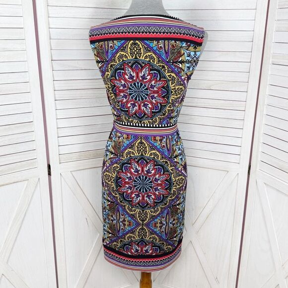 Premise Mosaic Multi Print Faux Wrap Belted Sleeveless Dress Multicolor Small - Picture 4 of 12